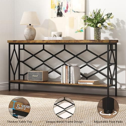 karlott 71" Extra Long Entryway Table, Narrow Console Table, Industrial Sofa Behind Couch Table with Open Storage Shelf, Hallway Table for Entryway, Living Room, Foyer, Entrance, Unique Design, Brown view 6