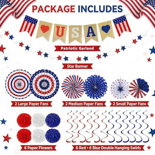 4th of July Decorations - 26 PCS Patriotic USA Banner Star Streamer Paper Fans Hanging Swirls Pompoms Set for Memorial Day | 250th Anniversary Accessories Party Favors for Indoor Outdoor Home view 4