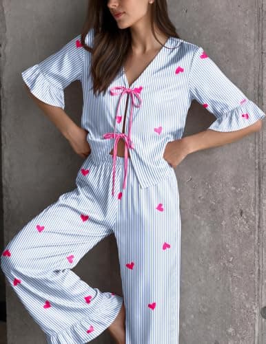 Ekouaer Silk Pajamas for Women Set 3/4 Sleeve Ruffle Pjs Bow Tie Sleepwear view 3
