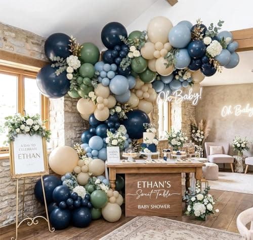 Double Stuffed Navy Blue & Sage Green Balloon Garland Arch Kit, Multi-size Matte Dusty Blue Sand Latex Balloons for Baby Shower,Gentleman Theme Party,Birthday,Bridal Wedding,Graduation view 6