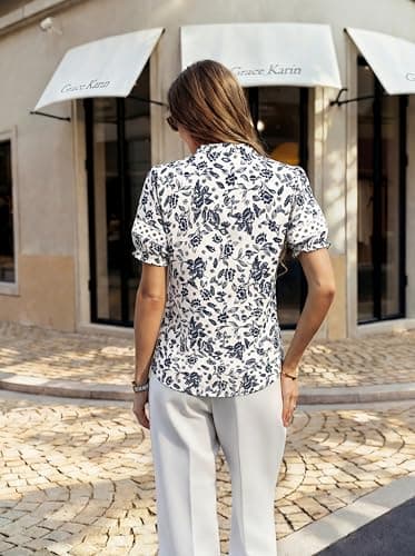 GRACE KARIN Women Boho Floral Tops, Summer Short Eyelet Sleeve Dressy Casual Shirts, Spring Button Down Blouse 2026 Trendy view 2