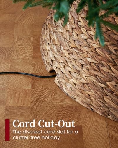 28in Christmas Tree Collar - Woven Hyacinth Tree Collars for Artificial Trees - Rattan Rustic Farmhouse Basket for Tree Base Cover with Cord Cut-Out for 6ft 7.5ft Tree (Brown) view 4