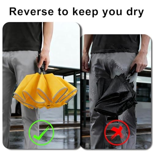 Lejorain Automatic Folding Umbrella Inverted - Upside Down Yellow Windproof Umbrella LED Flashlight Handle With Reflective Strip view 4