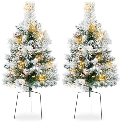 Best Choice Products Set of 2 24.5in Outdoor Flocked Scotch Pine Pathway Christmas Trees, Battery Operated Pre-Lit Holiday Décor w/LED Lights view 1
