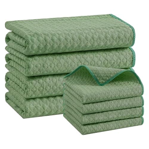 Homaxy Microfiber Waffle Weave Kitchen Towels Set, 16 x 28 Inch and 12 x 12 Inch Ultra Absorbent and Solid Color Dish Towels, 8 Pack, Grass Green view 1