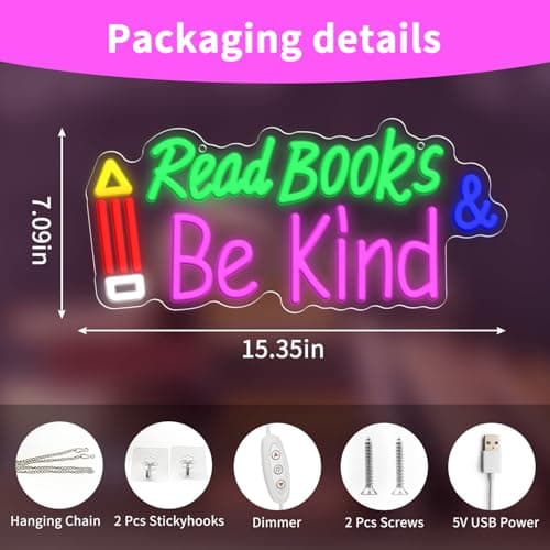 Read Books and Be Kind Neon Sign, Adjustable Pencil Neon Light Student LED Neon Light, Colorful Neon Light Up Sign for Classroom Bookstore Library Study Room 15.35 x 7.09 inch view 2