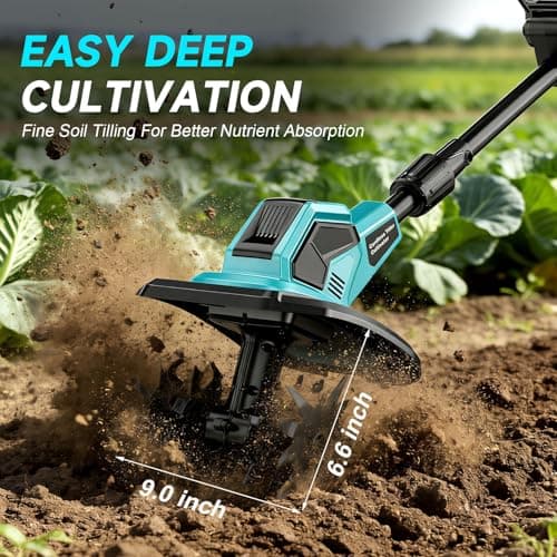 21V Cordless Tiller Cultivator, 360RPM Electric Garden Rototiller with 6000mAh Battery, 9In Tilling Width 6.6In Depth, Battery Powered Soil Cultivator for Garden Lawn Yard Planting view 5