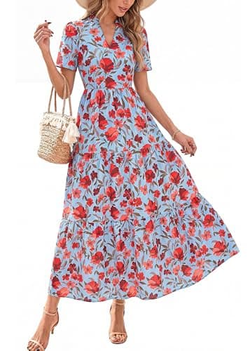 KIRUNDO Womens Summer Floral Maxi Dress Short Sleeve V Neck Boho Long Flowy Casual A Line Dresses 2026 Beach Vacation Outfits(Blue Red Flower, Large)