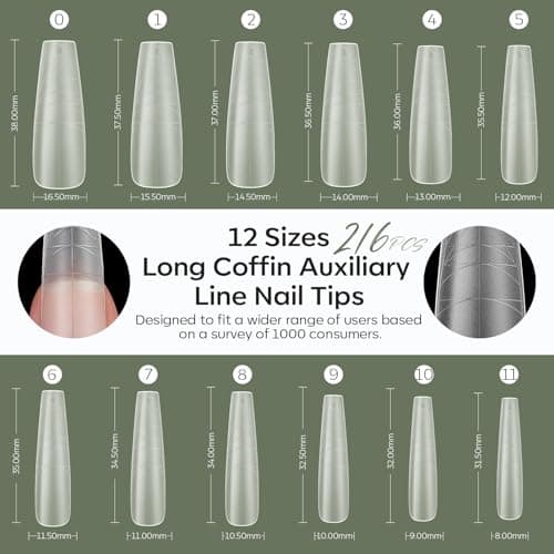 modelones Long Coffin Guiding Line Nail Tips, Soft Gel Tips Fake Nails False Acrylic Extensions Seamless Accurate Positioning Scale Line, Full Matte Professional Nail Salon 216PCS 12Sizes view 7