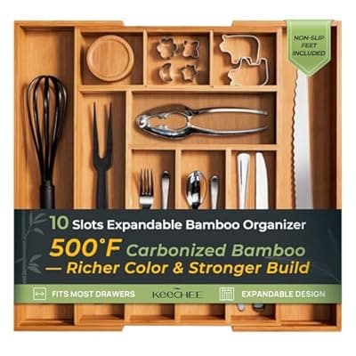 keechee Carbonized Bamboo Kitchen Drawer Organizer, 10 Slots Expandable Silverware Organizer, Utensil Holder & Cutlery Tray, 2.2" Deep for Extra Capacity, Non-Slip Feet Included