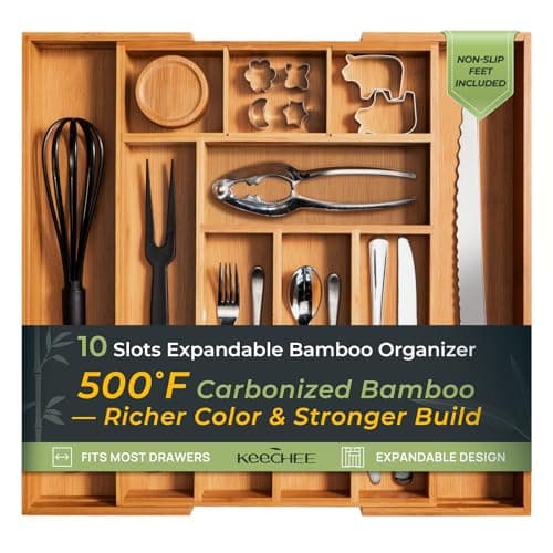 keechee Carbonized Bamboo Kitchen Drawer Organizer, 10 Slots Expandable Silverware Organizer, Utensil Holder & Cutlery Tray, 2.2" Deep for Extra Capacity, Non-Slip Feet Included — image 1