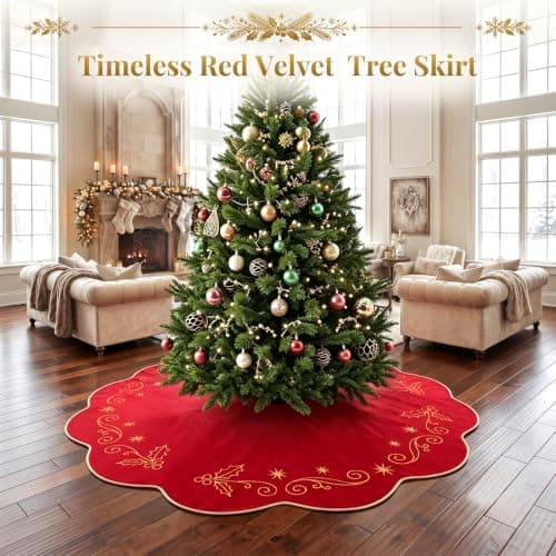VOXOR 48 Inch Christmas Tree Skirt, Large Red Velvet Tree Skirt with Gold Embroidery, Vintage Tree Skirts with Hook and Loop Closure for 7 & 7.5 & 8 Feet Trees, Xmas Decorations for Home Living Room view 6