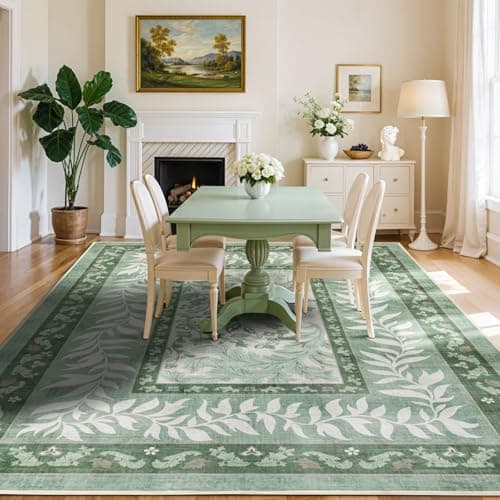 LIANLAM Washable Rug Area Rugs for Living Room - Stain Resistant Non-Slip Backing Boho Rug for Bedroom,Durable & Ultra-Thin Vintage Large Area Rug(9' x 12',Green/Floral) view 3