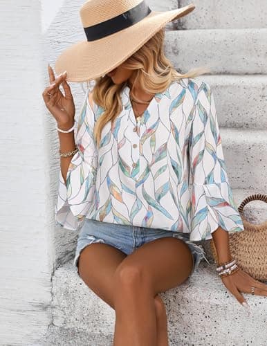 LOOKBOHO Womens Boho Tops Ruffle 3/4 Sleeve Button V-Neck Dressy Casual 2026 Fall Bell Sleeve Floral Business Blouses view 2