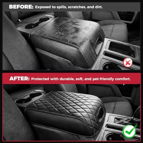 FREESOO Center Console Armrest Cover for Ford F150 2015-2020, Compatible with 2017-2022 F250 F350 F450 F550, 2018-2024 Expedition, PU Leather Cushion Thick Pad, Black (Bucket Seat Only) view 5