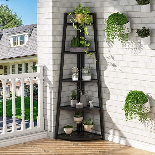 Tribesigns 70 inch Tall Corner Shelf, 5 Tier Modern Corner Bookshelf Bookcase Industrial Corner Ladder Shelf Plant Stand for Living Room, Kitchen, Home Office (Black) view 5