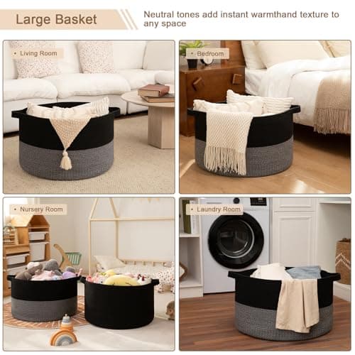 OIAHOMY 90L XXXLarge Blanket Basket for Living Room, 21.7" x 13.8" Woven Cotton Rope Laundry Basket for Organizing Pillows, Decorative Stuffed Animal Toy Storage Bin for Nursery, Black and Grey view 6