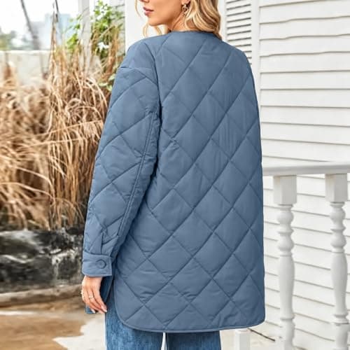 Quilted Jackets for Women Warm Mid Length Lightweight Puffer Coats | Casual Long Sleeve Button down Diamond Puffer Jacket Coats Fashion Fall Winter Padded Outerwear with Pockets view 4