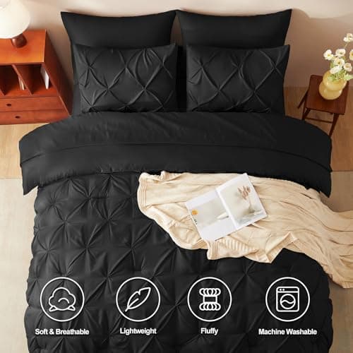 CozyLux King Size Comforter Set Black, 7 Pieces Pintuck Bed in A Bag Black Comforter King Size, Pinch Pleat Bedding Set with All Season Comforter, Sheets, Pillowcases & Shams view 3