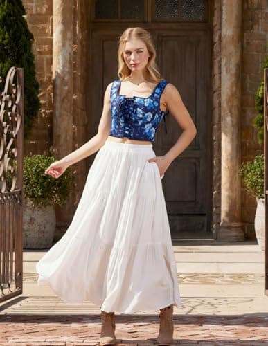 Scarlet Darkness Renaissance Maxi Skirts for Women 2026 Summer Boho Flowy Tiered Long Skirt with Pockets view 4