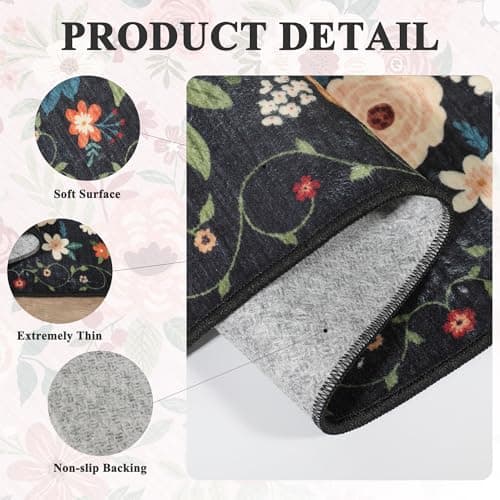DUKINO 2x6 Runner Rug for Hallway, Washable Kitchen Runner Rug with Non Slip Backing, Low Pile Soft Boho Floral Runner for Kitchen, Hallway, Entryway, Laundry, Bedroom, Black view 6