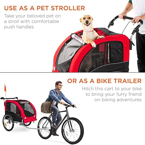Best Choice Products 2-in-1 Dog Bike Trailer, Pet Stroller Bicycle Carrier w/Hitch, Suspension, Visibility Flag and Reflectors, 66lb Weight Capacity view 2