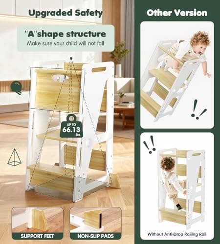 OPAUL Toddler Standing Stool - 3-Level Adjustable Kitchen Step Stool for Kids, Sturdy Wooden Kitchen Stool with Non-Skid Feet (Ages 18 Months-6 Years), White view 6