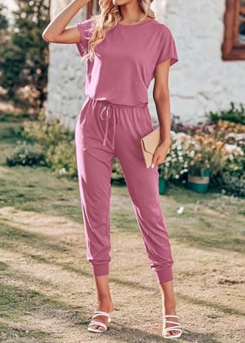 KIRUNDO Jumpsuits for Women Summer 2026 Casual Short Sleeve One Piece Outfits Drawstring Waist Long Pants Romper Jumpers view 4