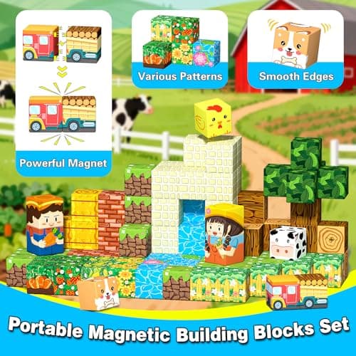 Mini Magnetic Blocks, Magnet Building Cubes, Farm Animal Travel Outdoors Toys with Portable Iron Box, STEM Montessori Sensory Educational Toys for Toddlers, Gift for Kids Ages 3-8 Boys & Girls view 3