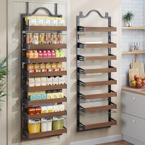 Freexployer 8-Tier Spice Rack Wall Mount, Heavy-Duty Over the Door Pantry Organizer with Wooden Adjustable Basket, 2 IN 1 Wall Mount or Hanging Pantry Door Organizer,Door Spice Rack for Pantry, Black