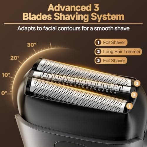 Electric Razor for Men, Foil Shaver, USB-C Charging, 3 Foil Blades, LED Battery Indicator, IPX7 Waterproof, Travel Lock, Grey view 2