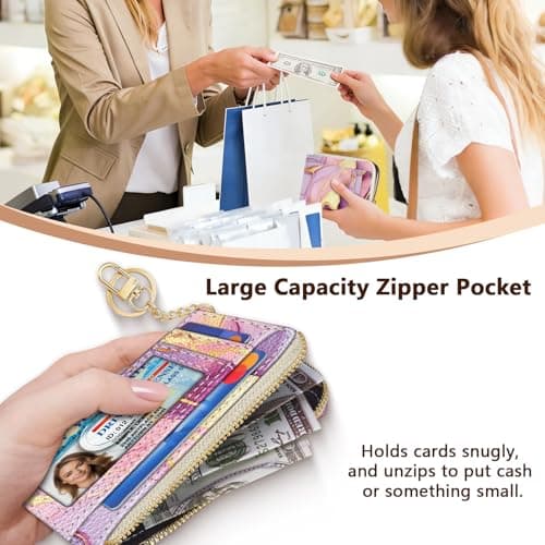 GIANCOMICS Slim Wallet Credit Card Holder Women, Pink Marble Rfid Blocking Small Card Case, Keychain Thin Pocket Curved Zipper Wallet, Travel Card Holder PU Leather ID Window, Ladies Female Gifts view 4