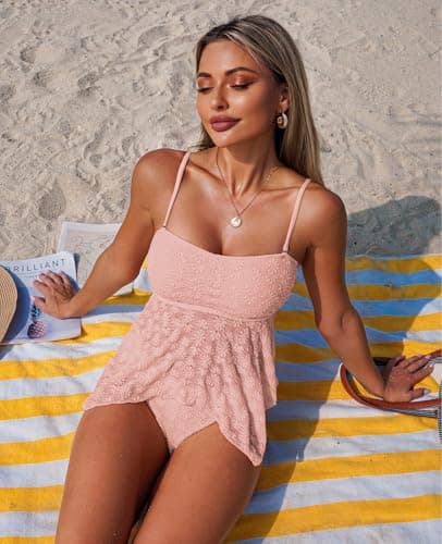 ZAFUL Tankini Swimsuits for Women Flowy Swimwear Mesh Lace Jacquard Two Piece Bathing Suit High Cut Tanga Tankini Set view 2