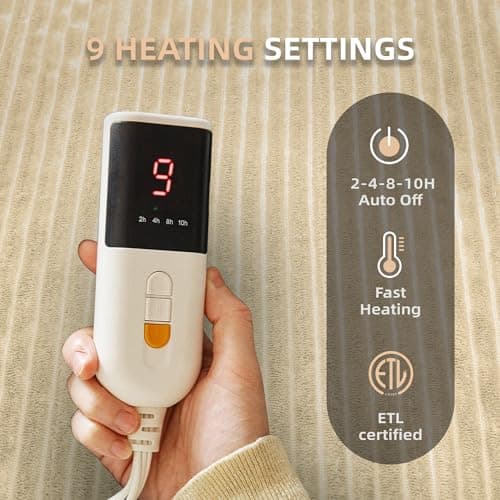 JET'S HOME Heated Blanket 50"x60" - ETL Certified Flannel Electric Blanket Throw Machine Washable Heating Throw with 9 Heating Levels 10 Hours Adjustable Auto-Off (Sandy Beige) view 2