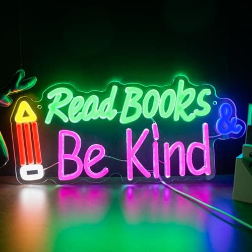 Read Books and Be Kind Neon Sign, Adjustable Pencil Neon Light Student LED Neon Light, Colorful Neon Light Up Sign for Classroom Bookstore Library Study Room 15.35 x 7.09 inch — image 1