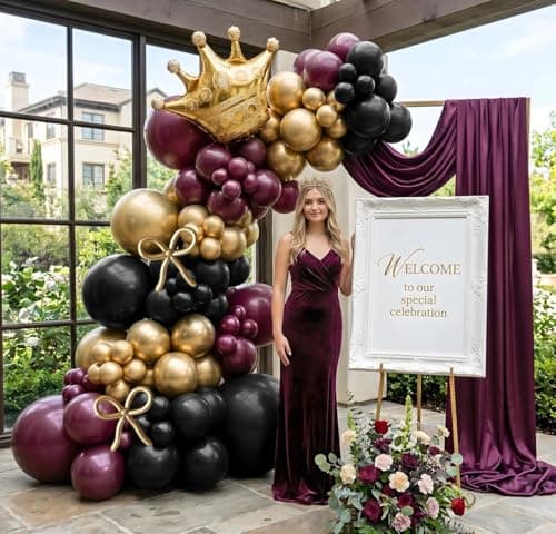 Dark Purple Black Gold Balloon Garland Arch Kit - Double Stuffed Plum Burgundy Balloon with Foil Crown & Gold Long Balloons for Graduation, Mother's Day, Prom, Birthday, Wedding, Queen Party view 2