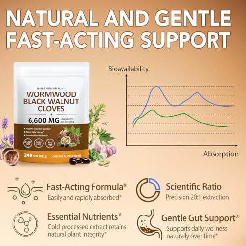 18-in-1 Wormwood Black Walnut Clove Herbal Softgels, Rapid Gut Cleanse & Digestive Health with Black Walnut Hull, Wormwood, Clove, Garlic, Oregano, Pumpkin Seed, Easy-to-Swallow, 240 Softgels view 4