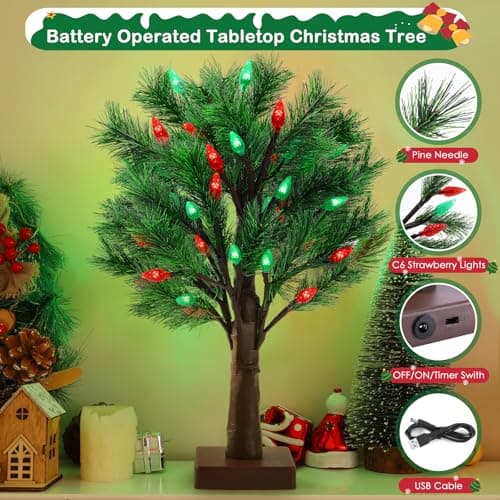 2 Pack Christmas Decorations Indoor Artificial Lighted Christmas Tree with C6 Strawberry,Total 48 LED Battery/USB Operated Pine Tree for Tabletop Fireplace Harvest Home Indoor Xmas Decor (Green) view 5