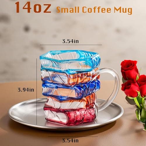 Handcrafted Glass Book Stack Coffee Mug, Colorful Stained Design,14oz, Unique Literary Gift for Readers (Large) view 3