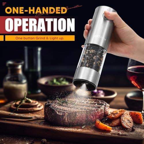 Electric Salt and Pepper Grinder Set with Charging Base - One Handed Automatic Spice Mill, Adjustable Coarseness Pepper Grinder, LED Light, Stainless Steel for Modern Kitchen & BBQ view 2
