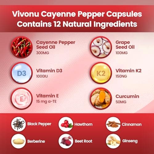 VivoNu Cayenne Pepper Softgels Supplement, Supports Leg Vein, Heart and Blood Vessel Health, with Vitamin E D3+K2 and Extracts of Grape Seed, Hawthorn, Beetroot, Berberine (Softgel / 1 Bag) view 2