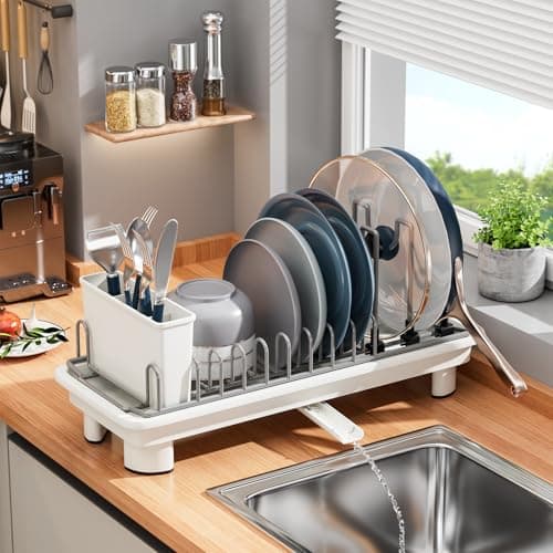 SanDream Small Dish Drying Rack with Removable Utensil Holder & Anti-Scratch Base - Stainless Steel Dish Rack, Dish Drying Rack with Drainage & Space Saving Design for Kitchen Counter, White — image 1