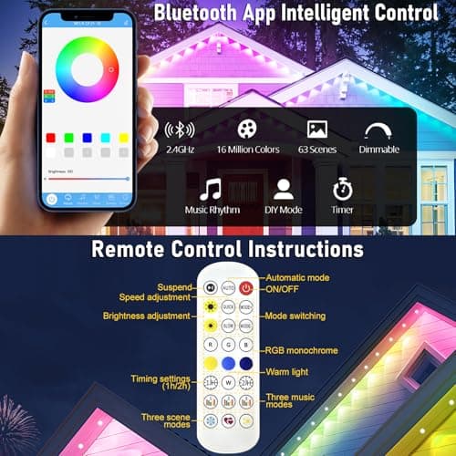 MUCCCUTE Permanent Outdoor Lights for Easter100ft RGB + IC Eaves Lights with App & Remote Control, Outdoor String LED IP67 Waterproof for Holidays New Year July 4th Roof Eaves House Garden Decor view 3
