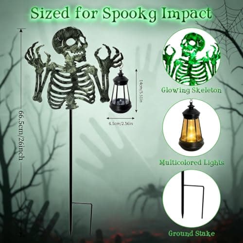 Halloween Skeleton Decorations Outdoor,Spooky Green Glowing Iron Skull | with 7-Color Changing & Flashing Mode Solar Lantern,Creepy Haunted House Prop,Gift for Kids Adults,Yard Patio Garden Party view 3