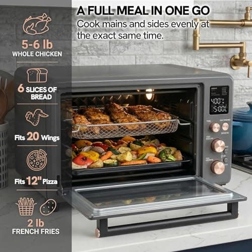 VAL CUCINA Non-Toxic Enamel Interior Air Fryer Toaster Oven Combo, 26.3 QT Countertop Convection Oven 10-in-1, Infrared Heating, Fits 12” Pizza & 6-Slice Toast, Easy Clean Enamel Baking Pan Included view 4