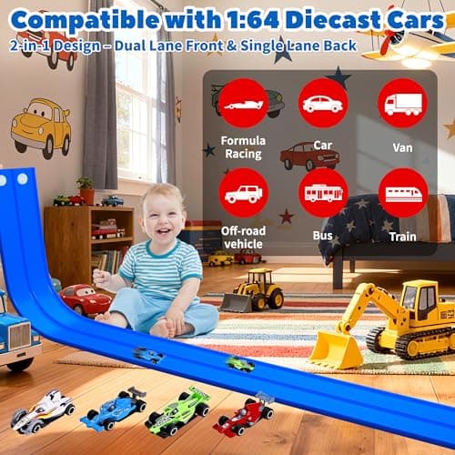 Flexible Race Car Track for Kids 15 Ft Flex Tracks Starter Set Compatible with Diecast 1/64th Cars Portable Rolls Up Race Tracks with Strong Suction Cups Birthday Gifts for Boys Girls Ages 3+ view 3