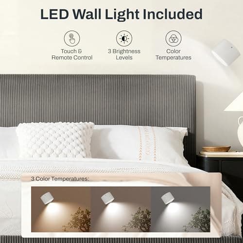 FLEXISPOT Queen Bed Frame with Adjustable Headboard, Velvet Upholstered Bed Frame with Vertical Channel Design, Plush Padding, Bonus LED Wall Light, No Box Spring Needed, Easy Assembly, Dark Grey view 5