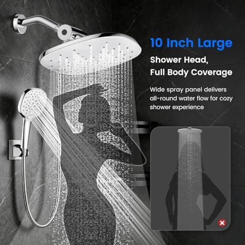 Shower Head with Handheld Combo, 10" High Pressure Double Shower Heads 6 Modes Dual Shower Head with Handheld Spray, Rain Showerhead, Anti-Clog Nozzles, 71” Hose Extra Long, Adjustable Holder view 3