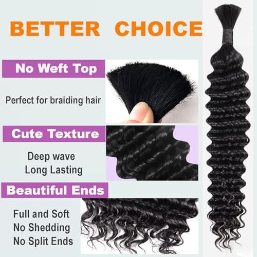 JCL Human Braiding Hair for Boho Braids 2 Bundles 100g 20 Inch Deep Wave Bulk No Weft 12A Brazilian Virgin Hair Extensions Real view 3