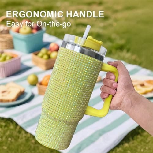 30oz Bling Rhinestone Studded Tumbler with Top Handle, Bling Cups Stainless Steel Water Bottle Diamond Glitter Tumbler for Women - Birthday Gifts for Women, Mom,Get Well Soon Gifts (Pomelo) view 2